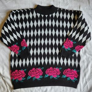 Vintage Adele Knitwear 80s Black & White Diamonds Red Roses Pattern 3XL Sweater